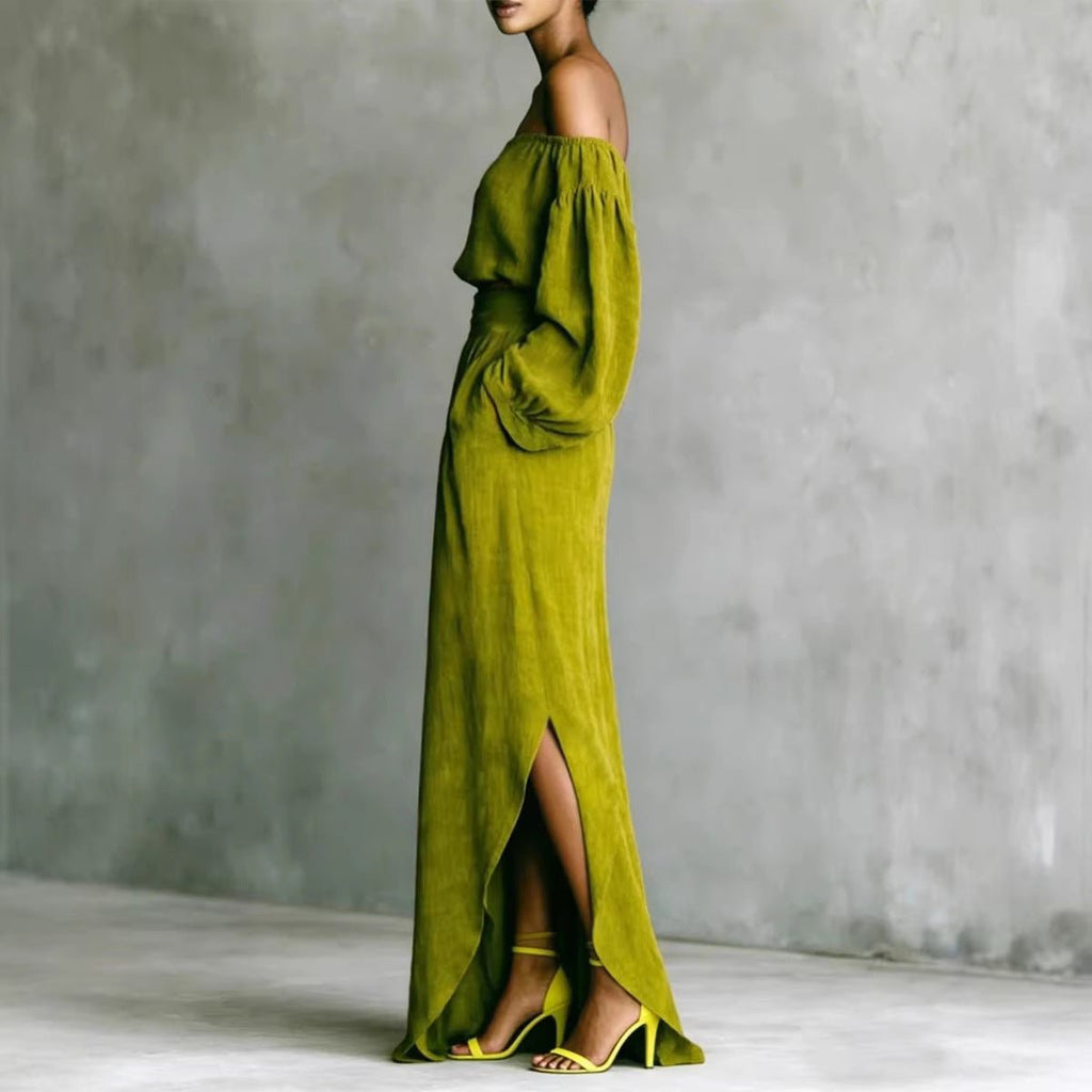 Women's off-shoulder top and asymmetrical maxi skirt set by FitiqueFit, casual two-piece outfit for stylish summer wear.