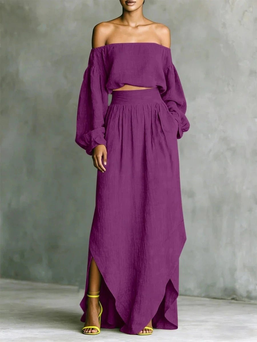 Women's off-shoulder top and asymmetrical maxi skirt set by FitiqueFit, casual two-piece outfit featuring stylish, comfortable design.
