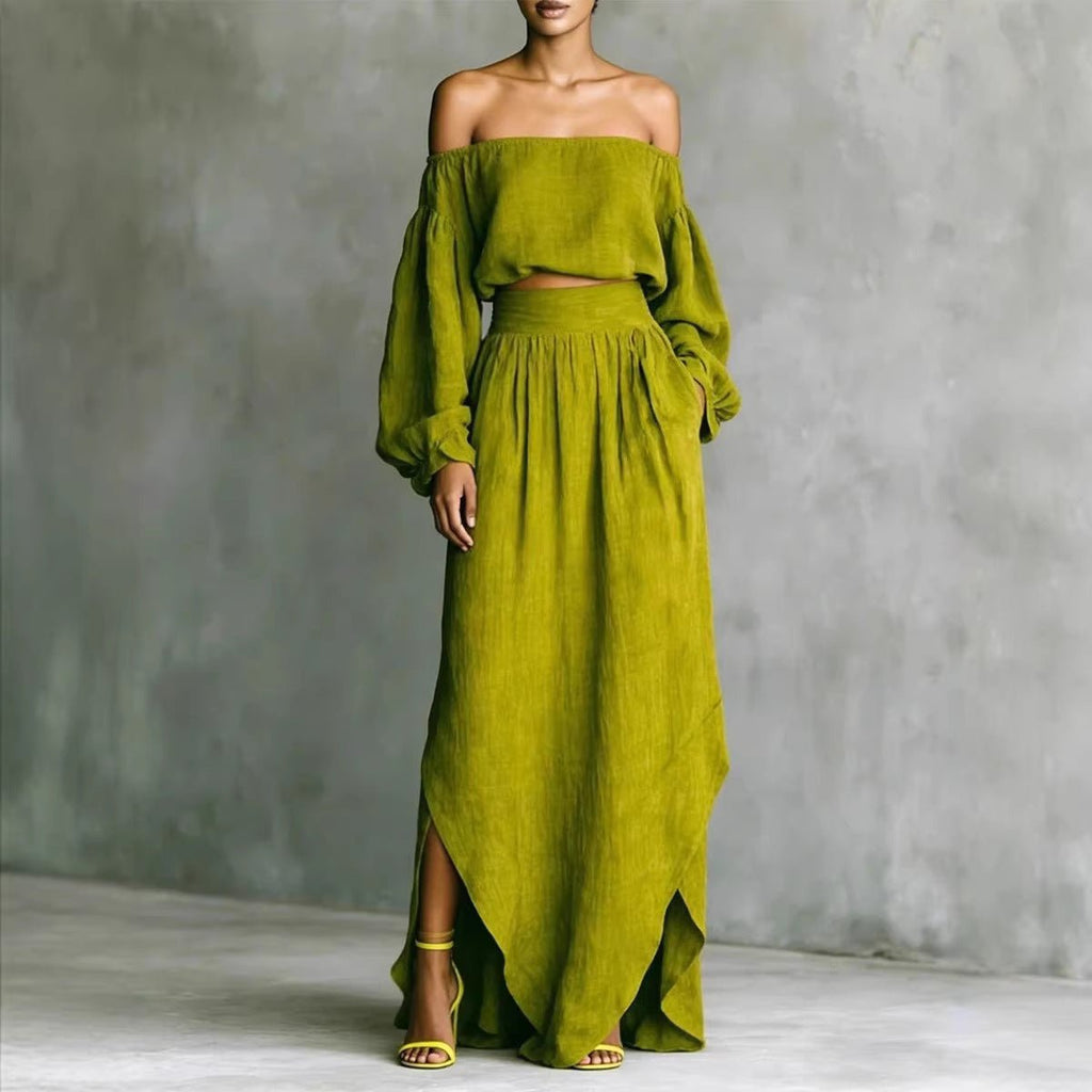 FitiqueFit women's off-shoulder top and asymmetrical maxi skirt set, casual 2-piece outfit, stylish and comfortable for everyday wear.