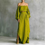 FitiqueFit women's off-shoulder top and asymmetrical maxi skirt set, casual 2-piece outfit, stylish and comfortable for everyday wear.