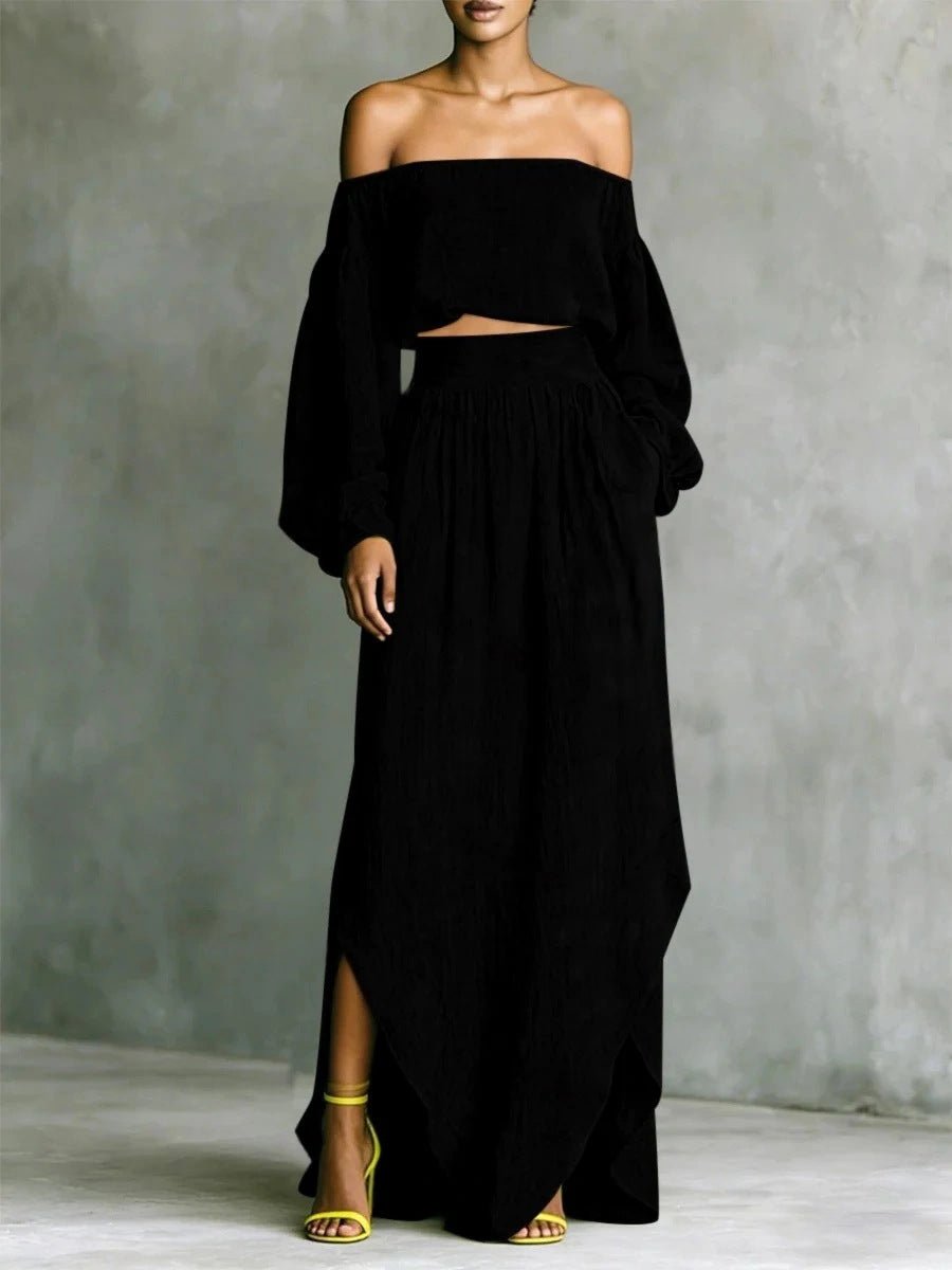 FitiqueFit women's off-shoulder top with asymmetrical maxi skirt set, casual 2-piece outfit, perfect for stylish summer wear.