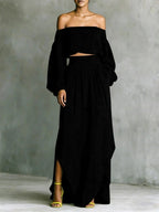 FitiqueFit women's off-shoulder top with asymmetrical maxi skirt set, casual 2-piece outfit, perfect for stylish summer wear.