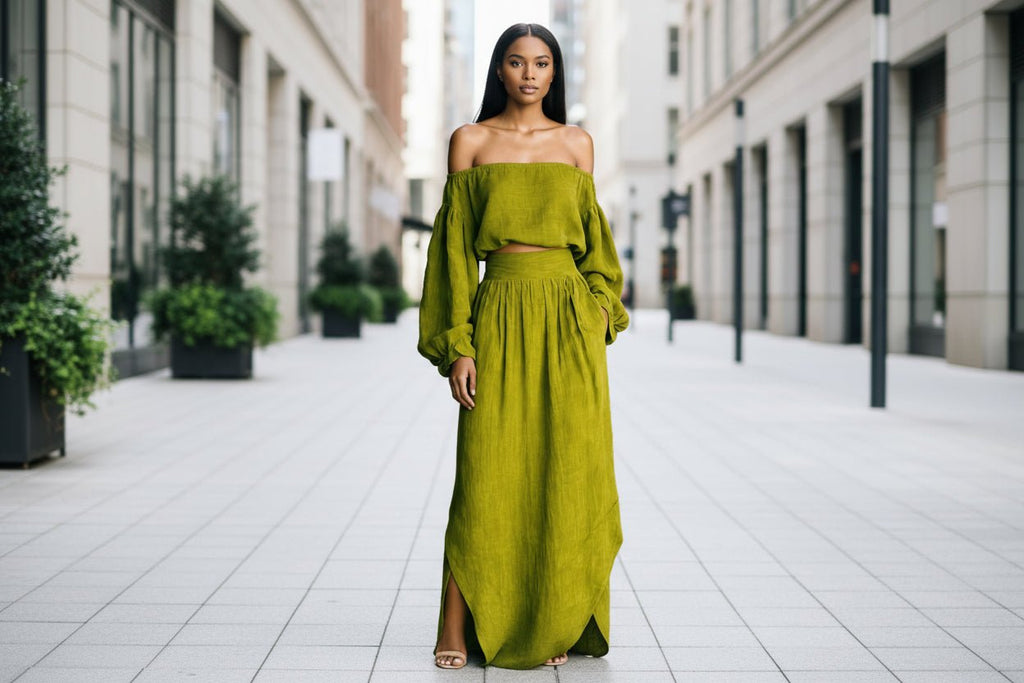 Women's off-shoulder top and asymmetrical maxi skirt set, casualwear 2-piece outfit by FitiqueFit, featuring stylish, comfortable design.