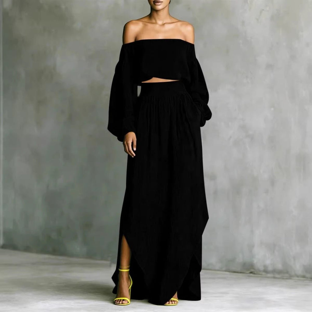 FitiqueFit women's casual off-shoulder top and asymmetrical maxi skirt set, stylish two-piece outfit for everyday wear.