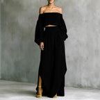 FitiqueFit women's casual off-shoulder top and asymmetrical maxi skirt set, stylish two-piece outfit for everyday wear.