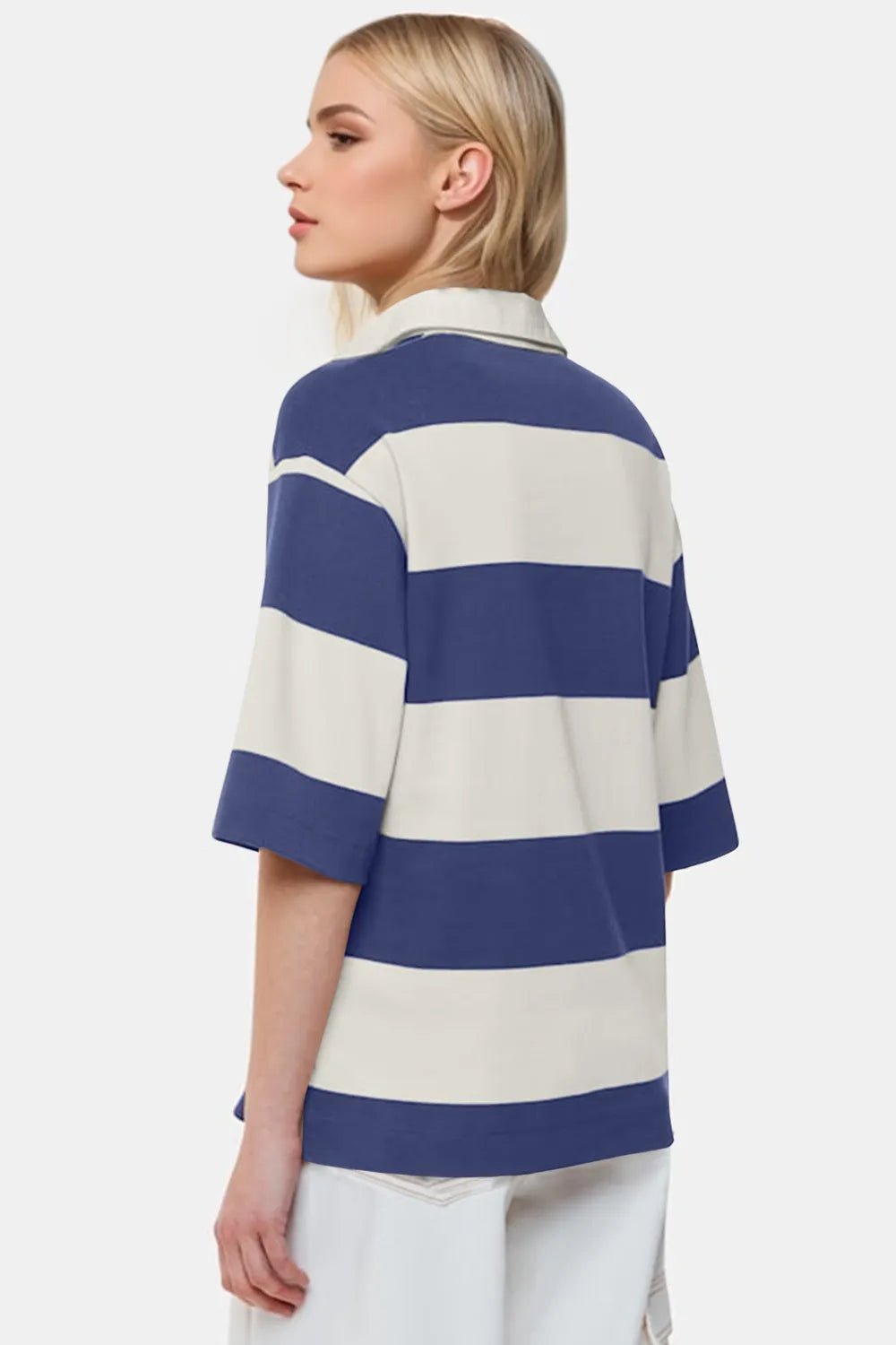 Women's color block Pima cotton Johnny collar top with half sleeves, from Plush Fashion Hub, showcasing a stylish casual design.
