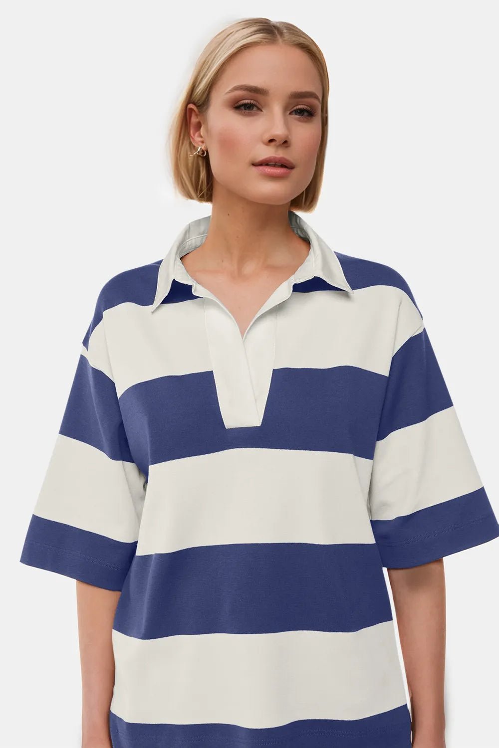 Women’s color block Pima cotton Johnny collar top with half sleeves, from Plush Fashion Hub, featuring a stylish casual design.