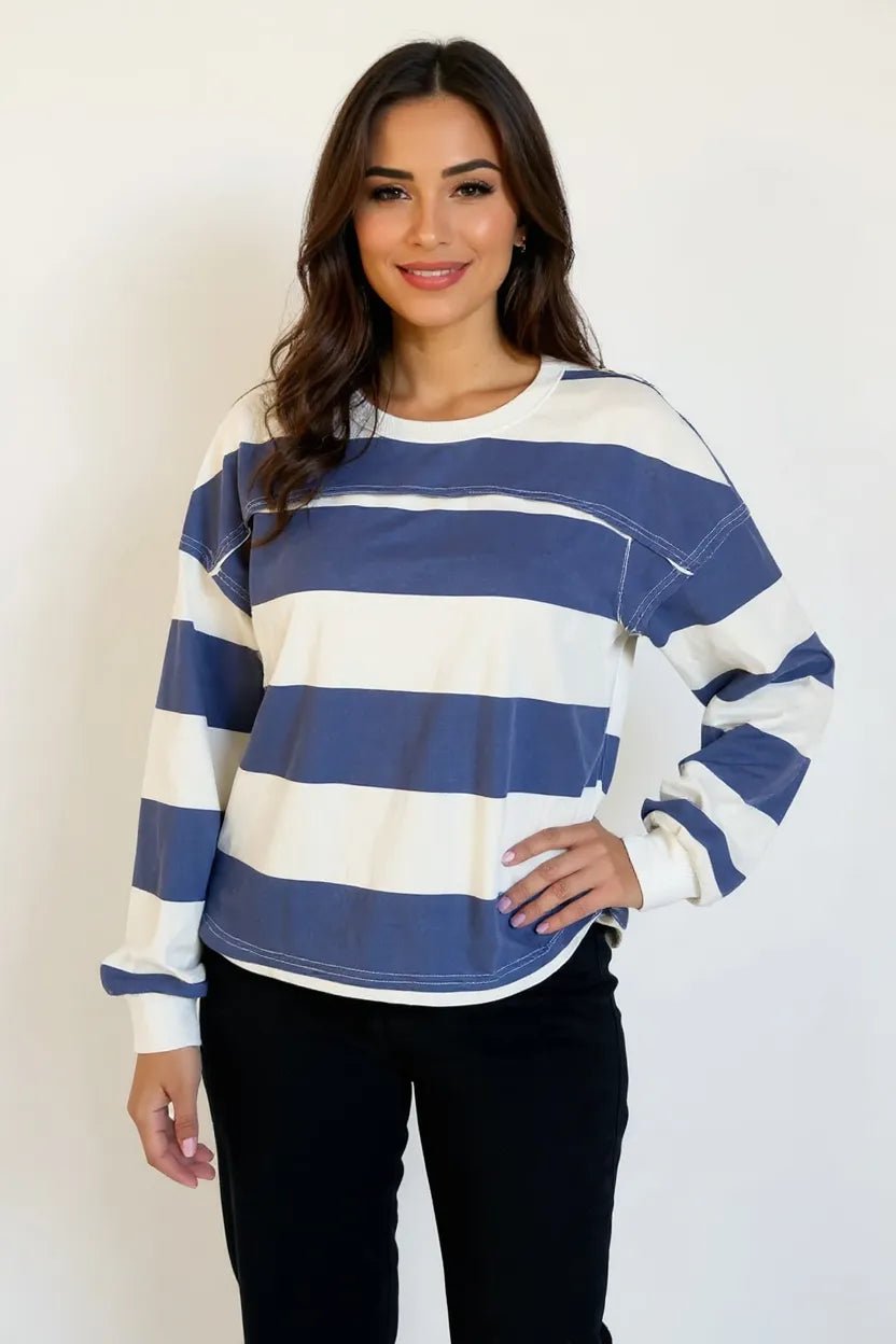 Women's striped Pima cotton long sleeve T-shirt with exposed seams and contrast details, by Plush Fashion Hub.
