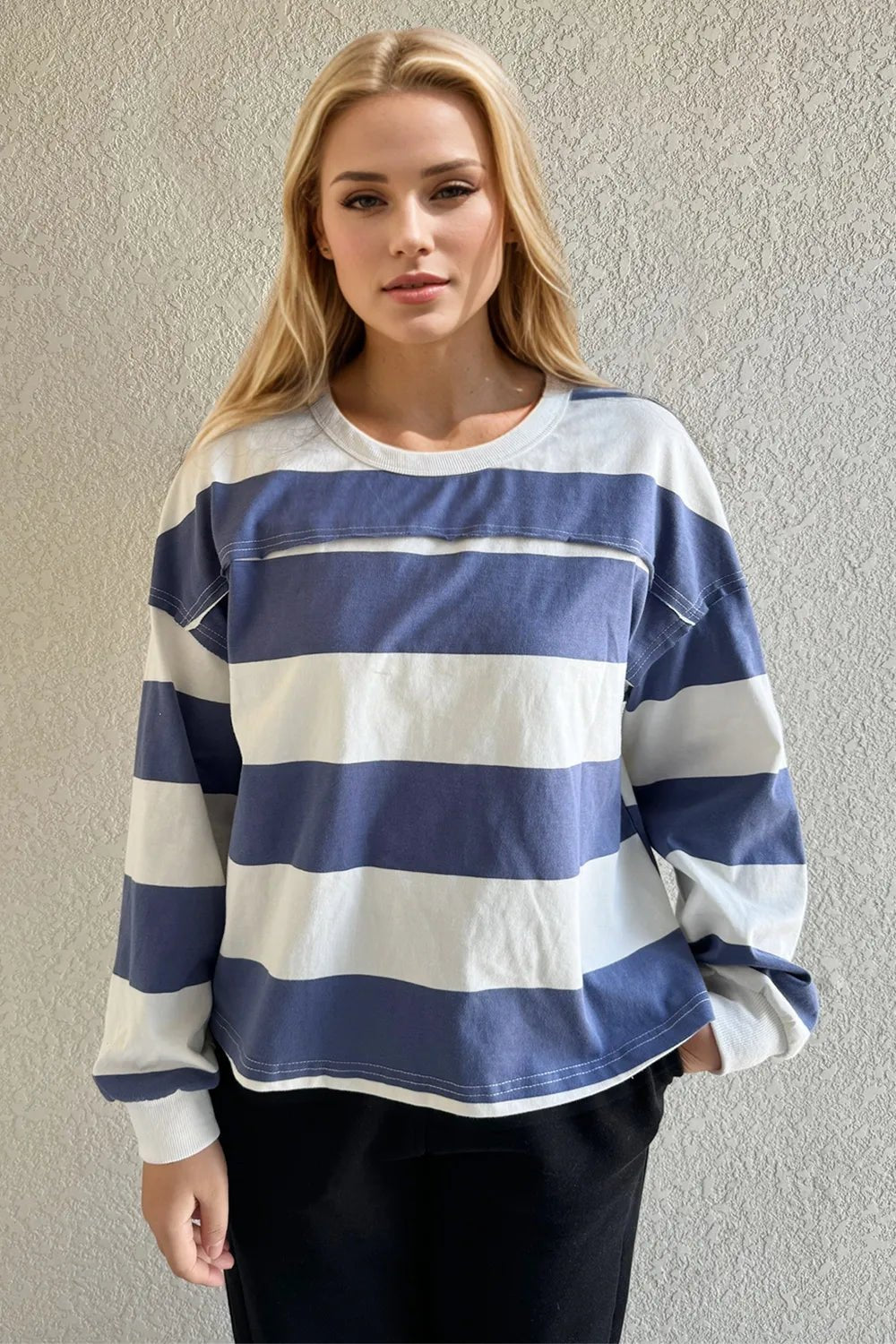 Women's striped Pima cotton long sleeve T-shirt with exposed seam and round neck, by Plush Fashion Hub.