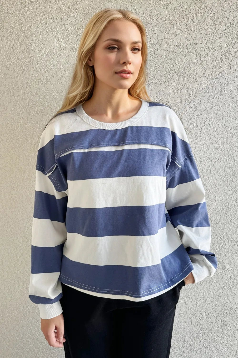 Women's striped Pima cotton long sleeve T-shirt with exposed seams and contrast details, from Plush Fashion Hub.