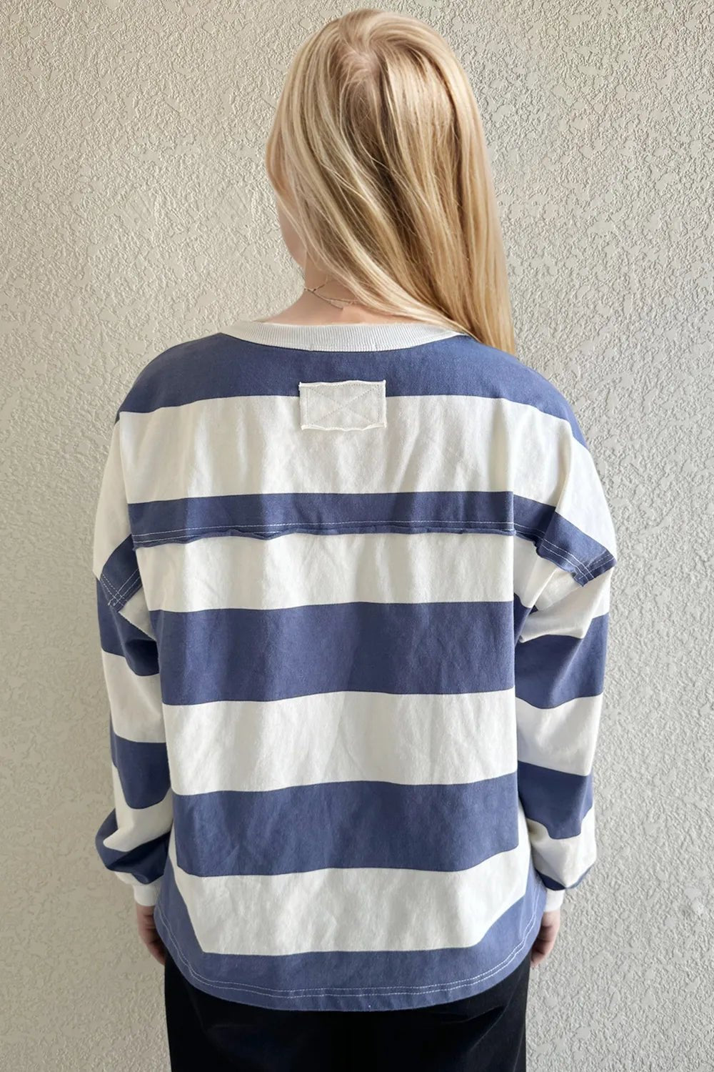 Women's striped Pima cotton long sleeve T-shirt with exposed seam and contrast details, from Plush Fashion Hub.