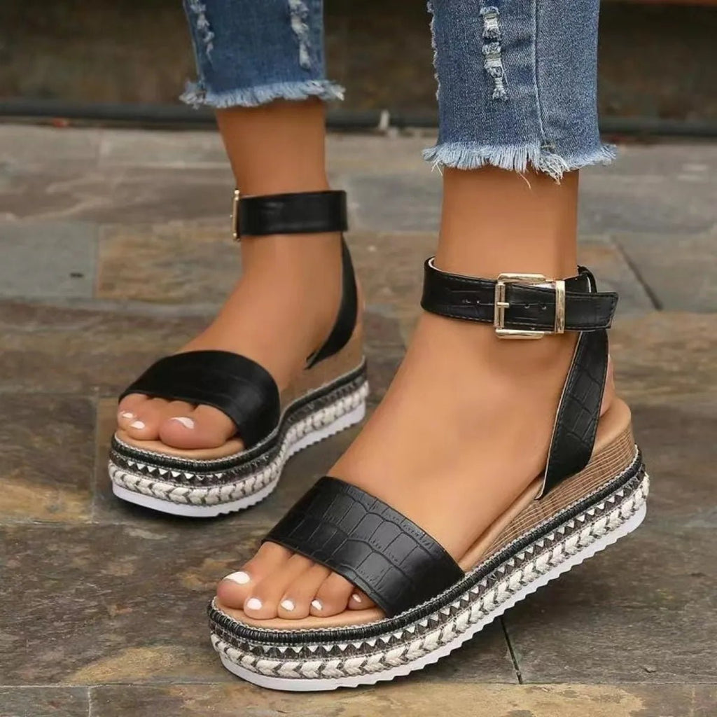 Women's open-toe ankle strap platform sandals by Trendsi, featuring a comfortable heel and stylish design.