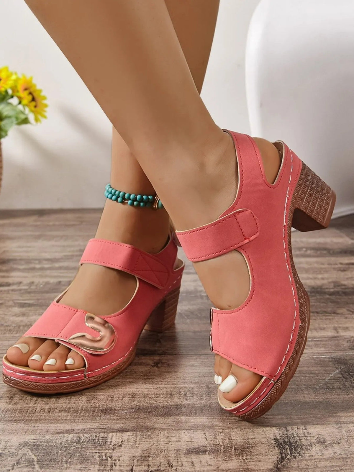 Women’s open toe faux leather mid heel block sandals by Plush Fashion Hub showing stylish beige sandals with ankle straps.