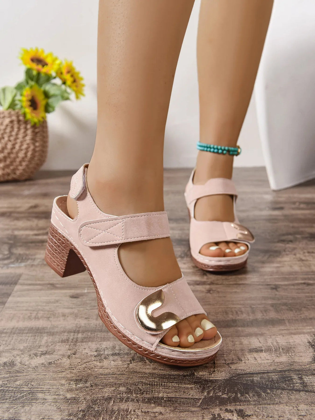 Women’s open toe faux leather mid heel block sandals by Plush Fashion Hub featuring stylish design and comfortable footwear.