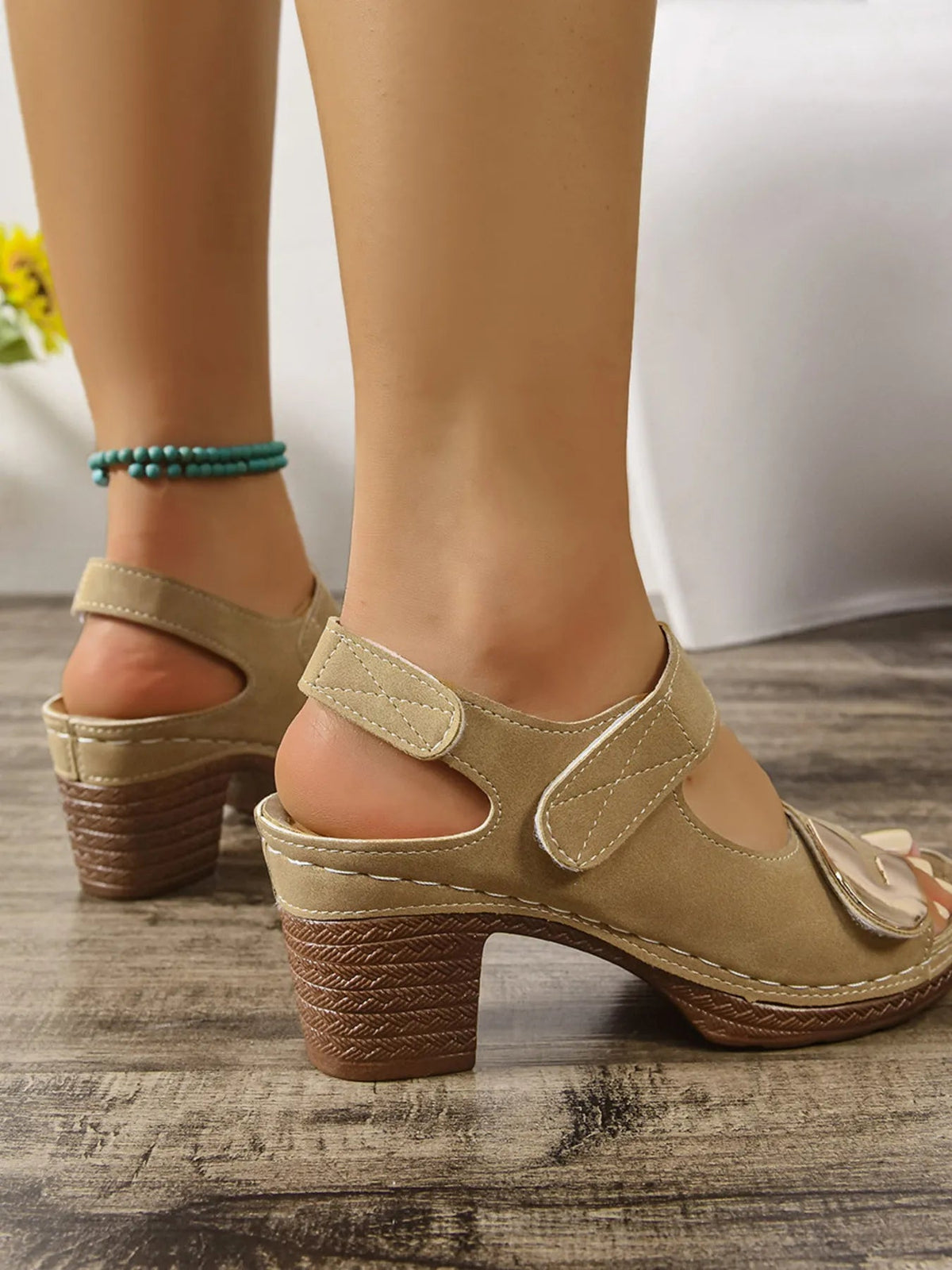 Women’s open toe faux leather mid heel block sandals by Plush Fashion Hub, showcasing stylish beige footwear with a chunky heel.