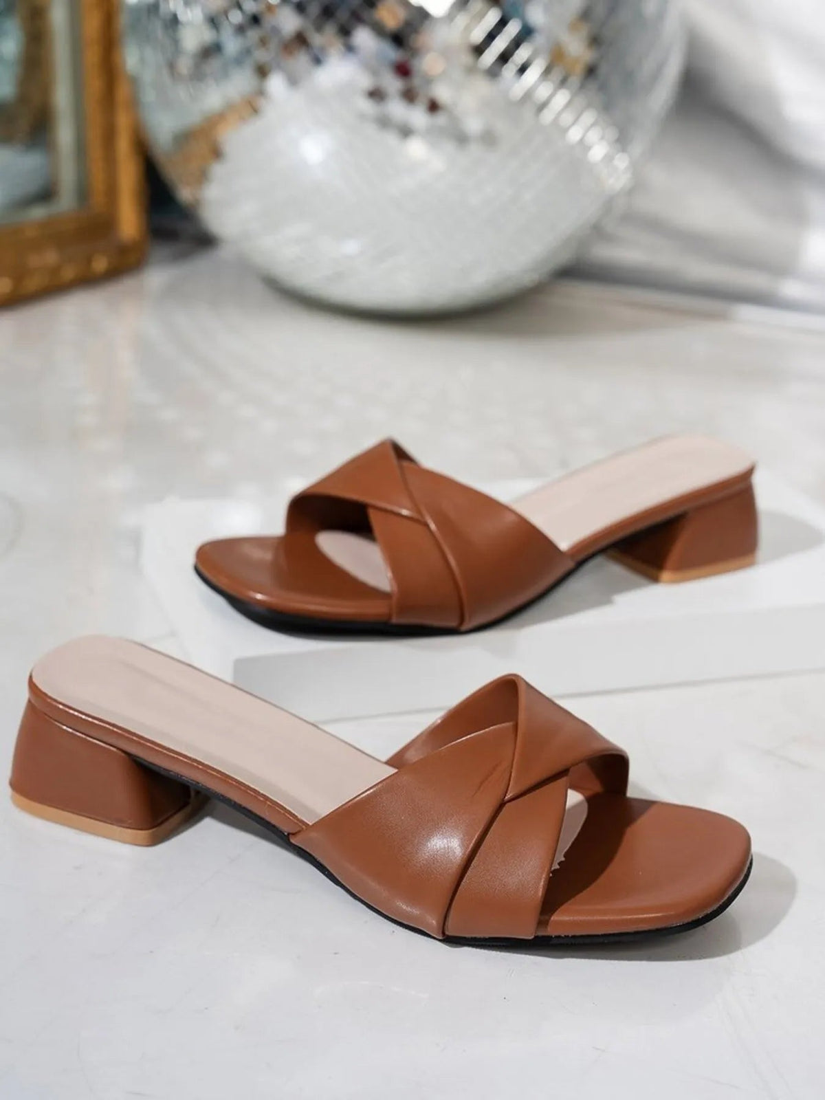 Women's open-toe block heel sandals in faux leather with ankle straps, stylish and comfortable for casual or dressy occasions.