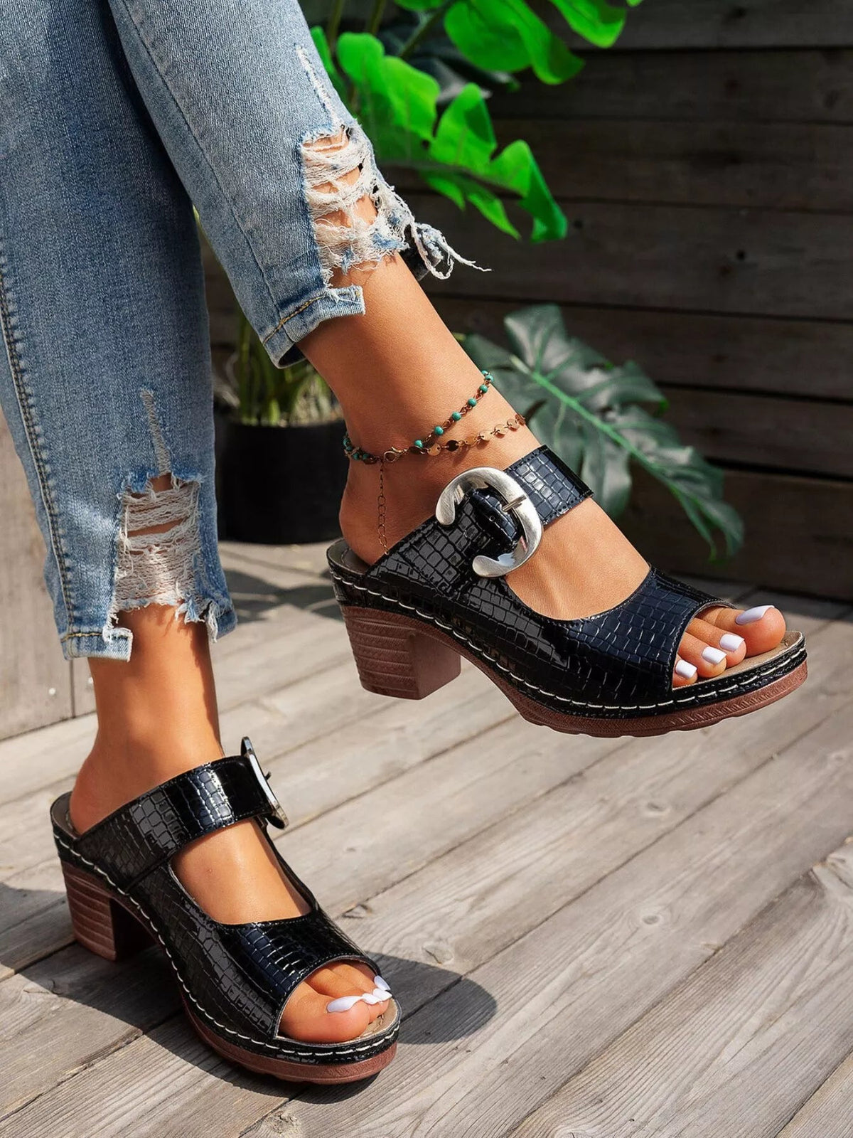 Women’s faux leather open toe block heel sandals with mid heel height, stylish shoes from Plush Fashion Hub.