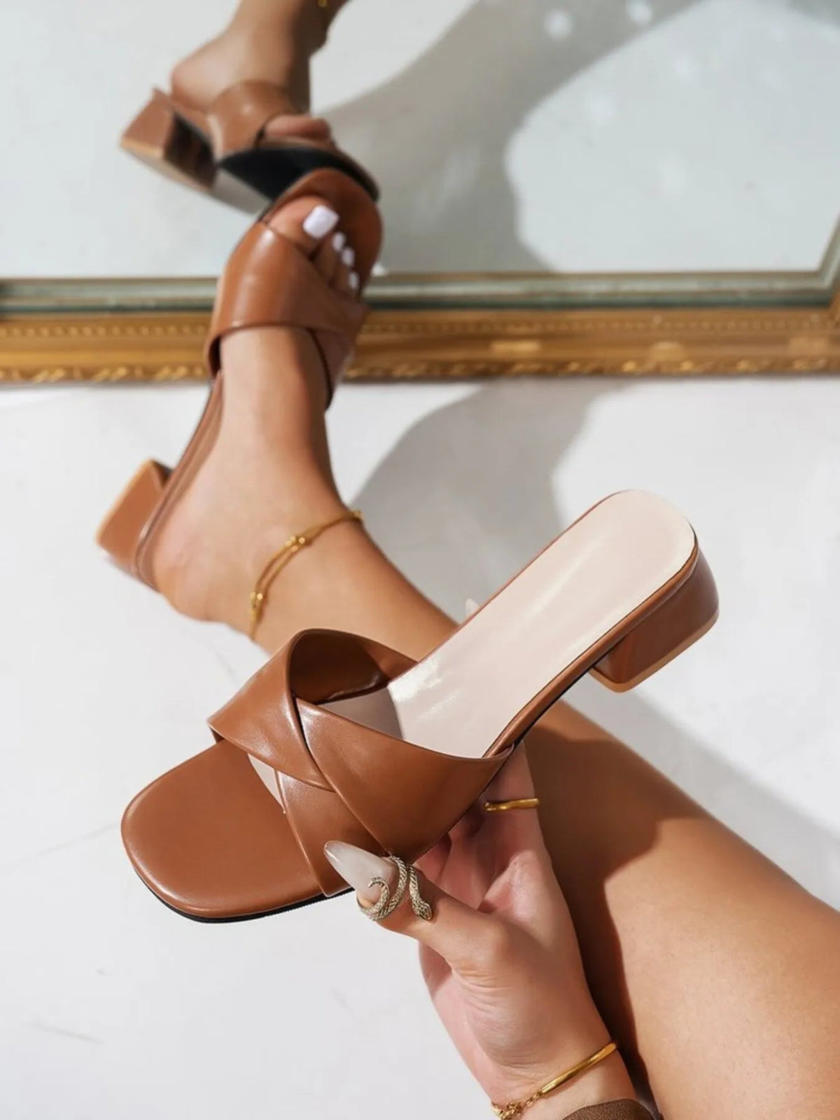 Women's open toe block heel sandals in faux leather by Plush Fashion Hub, showcasing stylish open-toe design and chunky heel.