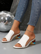 Colorful open-toe block heel sandals in PU leather featuring a chic mid-heel design, perfect for stylish summer footwear.