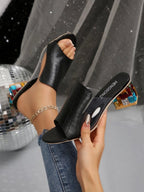 Colorful open-toe block heel sandals in PU leather with chic mid-heel design, stylish footwear by Trendsi.