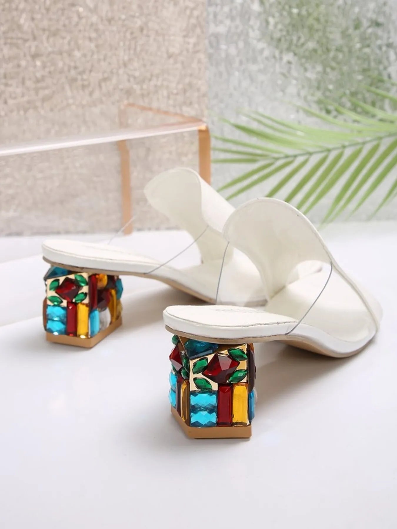 Colorful open-toe block heel sandals in PU leather with a chic mid-heel design, perfect for stylish summer footwear.