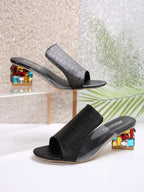 Colorful open-toe block heel sandals in PU leather with a chic mid-heel design, perfect for stylish summer footwear.