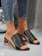 Colorful open-toe block heel sandals in PU leather featuring a chic mid-heel design, perfect for stylish summer footwear.