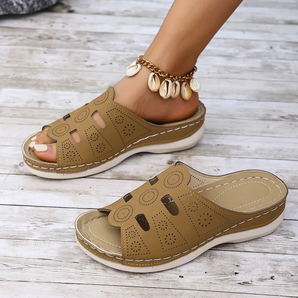 Women's open-toe cutout low heel sandals by Plush Fashion Hub, showcasing stylish design and comfortable fit.