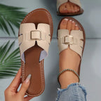 Women's open toe flat sandals by Trendsi featuring comfortable PU leather straps and a casual, stylish design.
