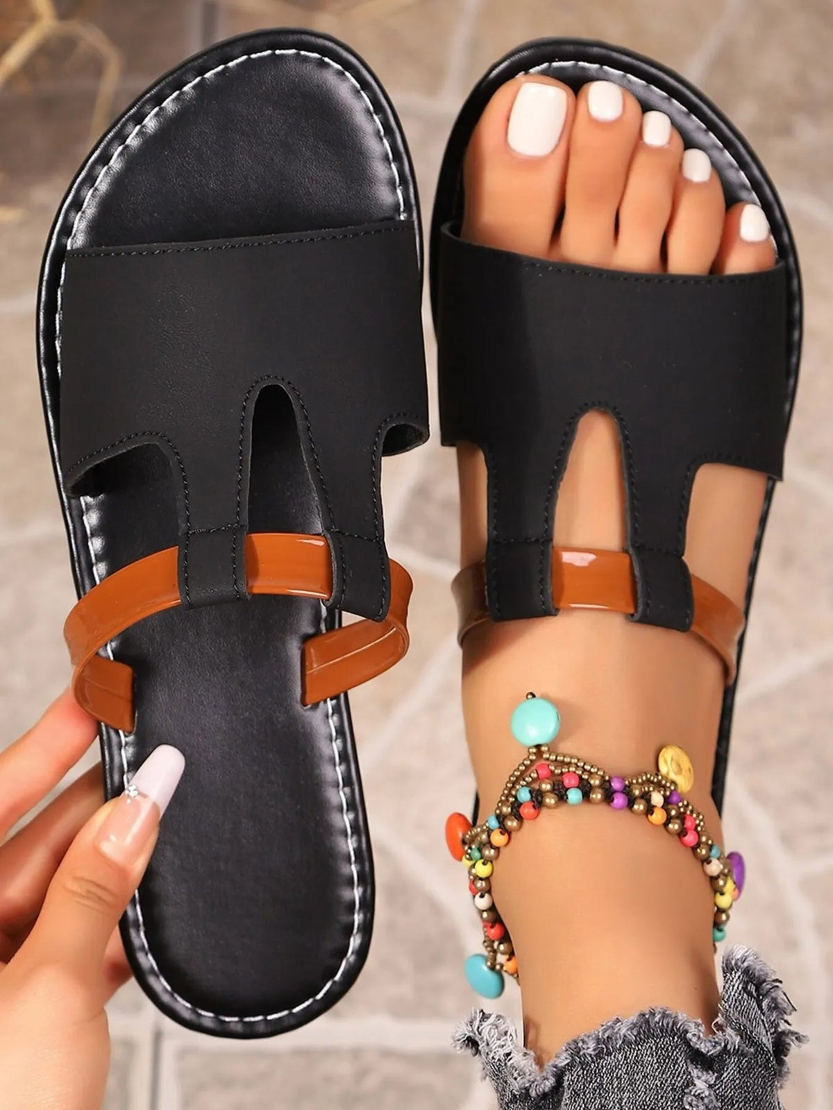 Women’s vegan leather open toe flat sandals by Plush Fashion Hub featuring stylish, comfortable slip-on shoes with a chic design.