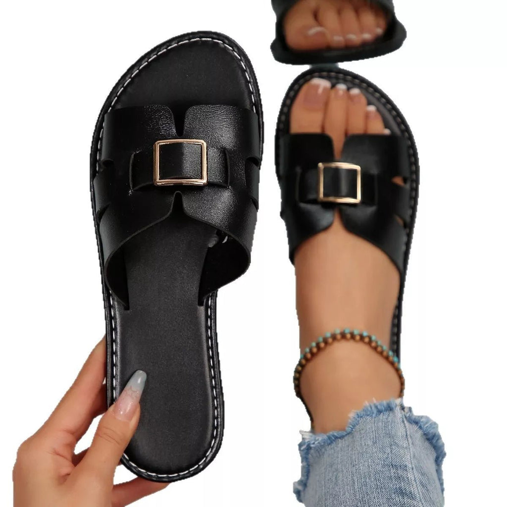 Women's comfortable PU leather open-toe flat sandals with a stylish design, perfect for casual or summer wear.