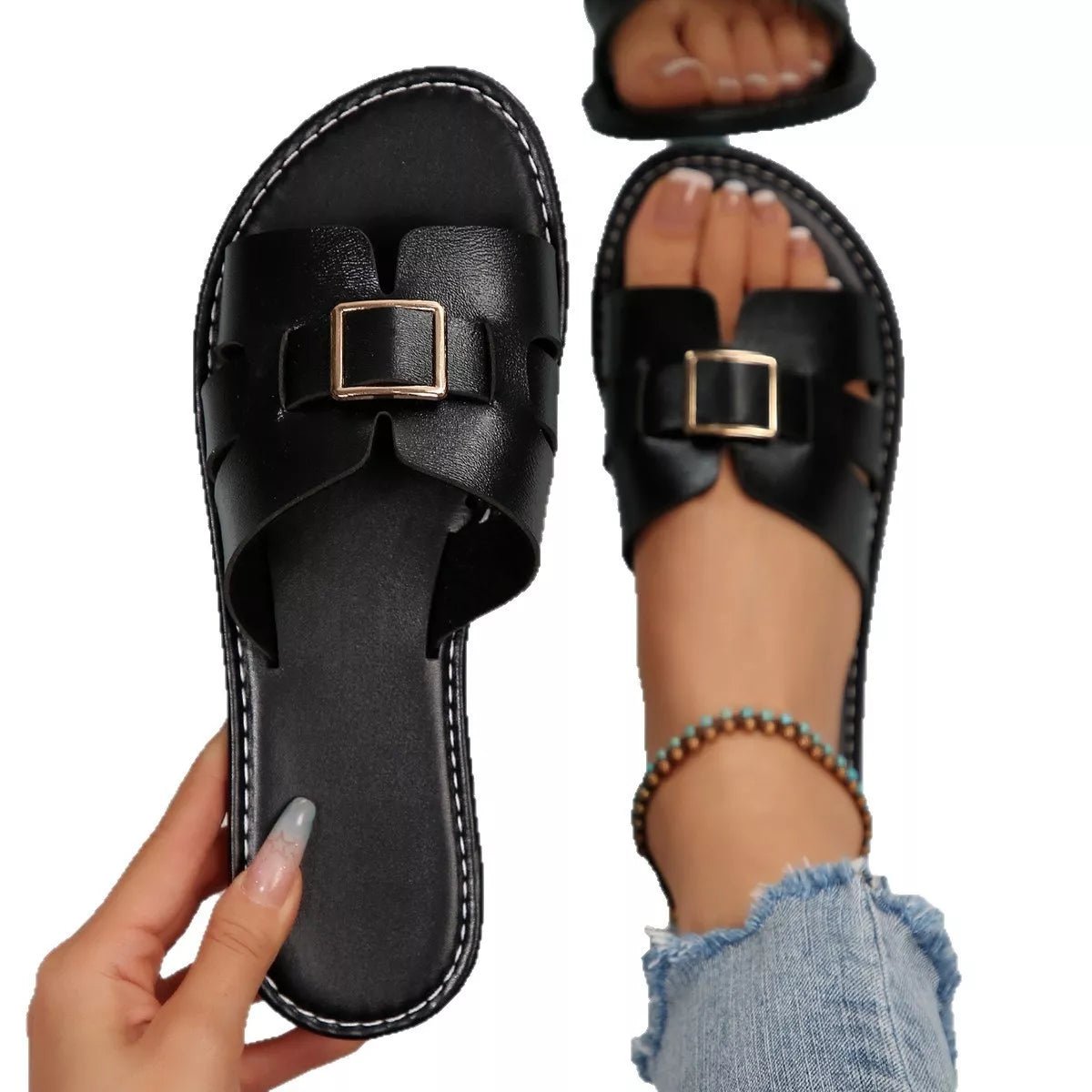 Women's comfortable PU leather open-toe flat sandals with a stylish design, perfect for casual or summer wear.