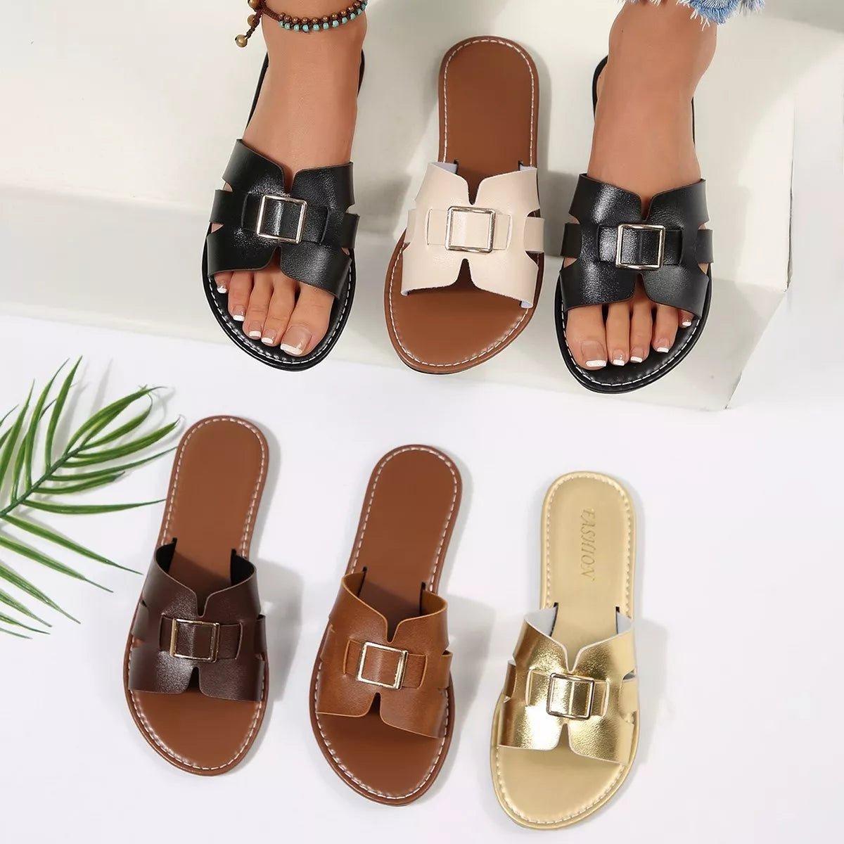 Women's open-toe flat sandals made of comfortable PU leather with a stylish design from Trendsi.