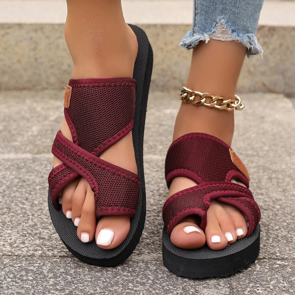 Women's open toe mesh platform sandals by Trendsi featuring a stylish design with a chunky heel and breathable mesh material.
