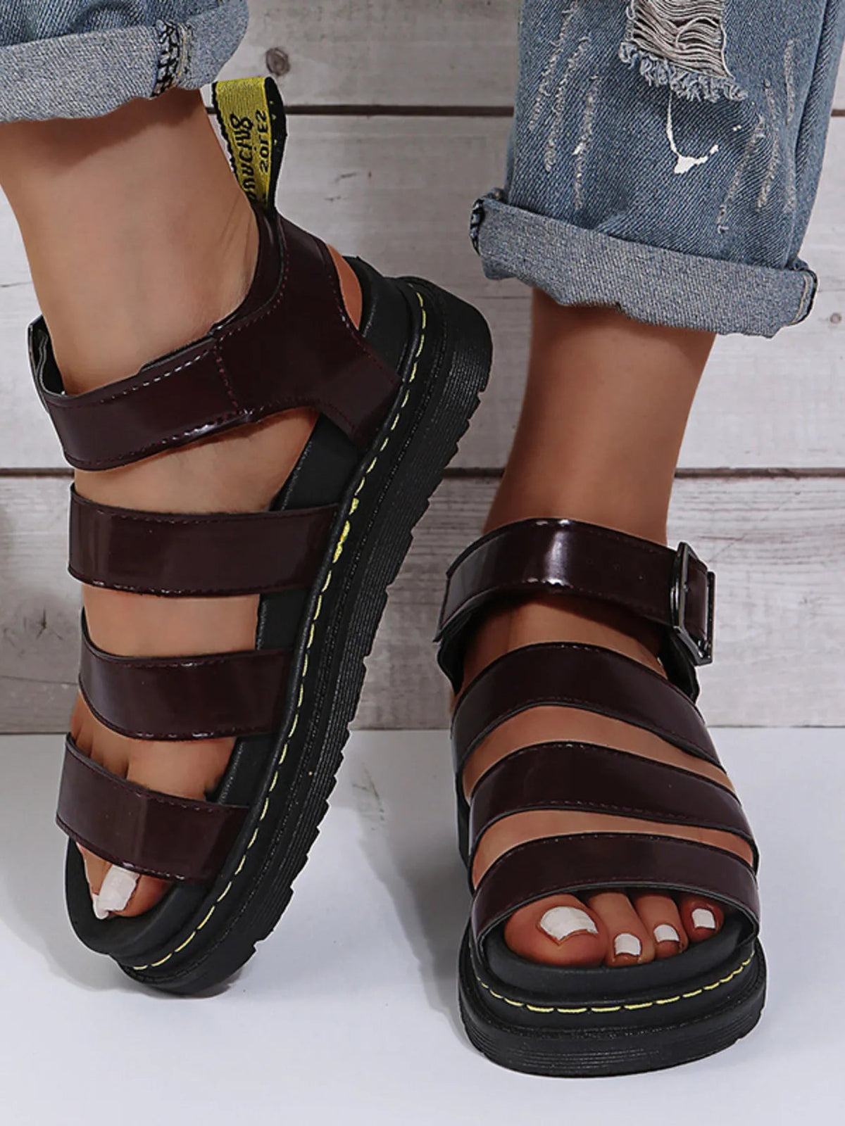 Women's faux leather open toe platform sandals by Plush Fashion Hub featuring chunky heels and stylish ankle straps.