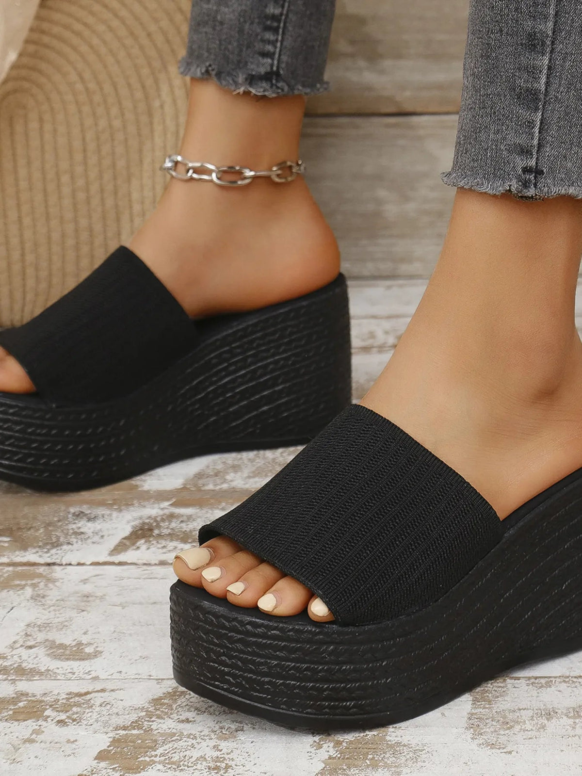 Women’s breathable mesh open toe platform wedge sandals by Plush Fashion Hub, featuring a stylish open toe design and chunky wedge heel.
