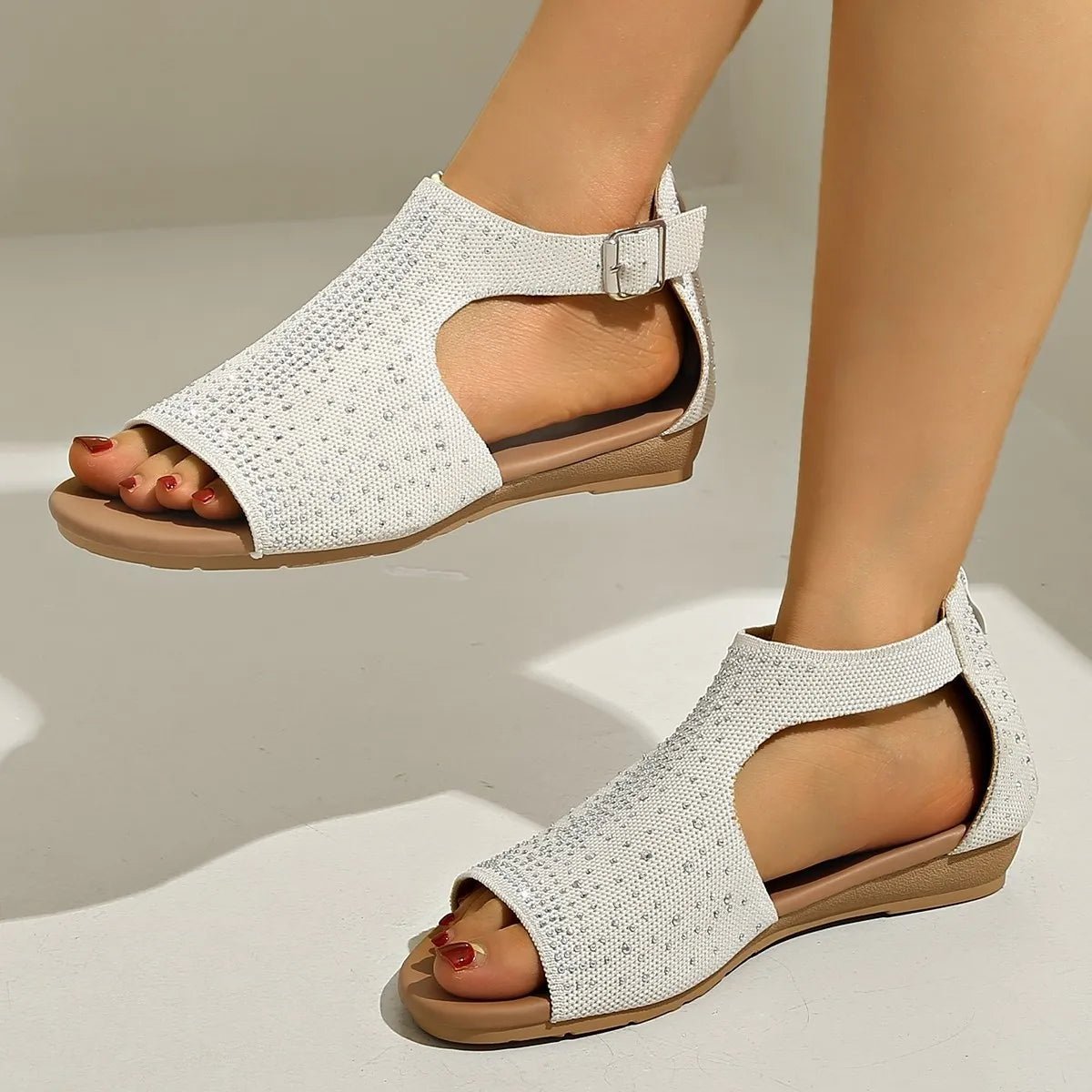 Women’s rhinestone embellished open toe wedge sandals with comfortable low heels, from Plush Fashion Hub.