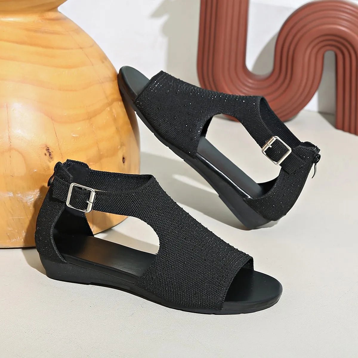 Women’s rhinestone embellished open toe wedge sandals with low heels, featuring comfortable design from Plush Fashion Hub.