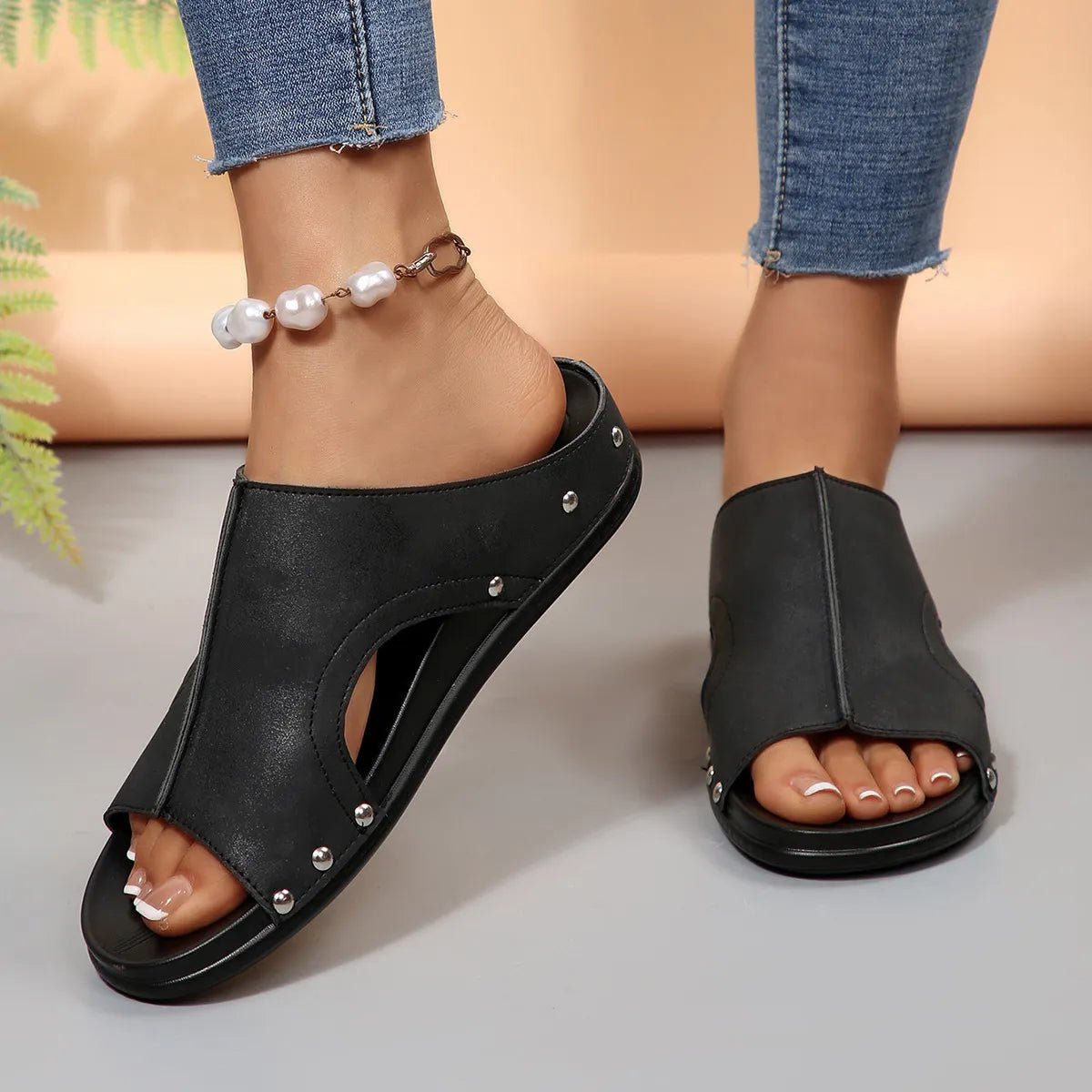 Women's faux leather open toe wedge sandals by Plush Fashion Hub with stylish heel and adjustable ankle strap.