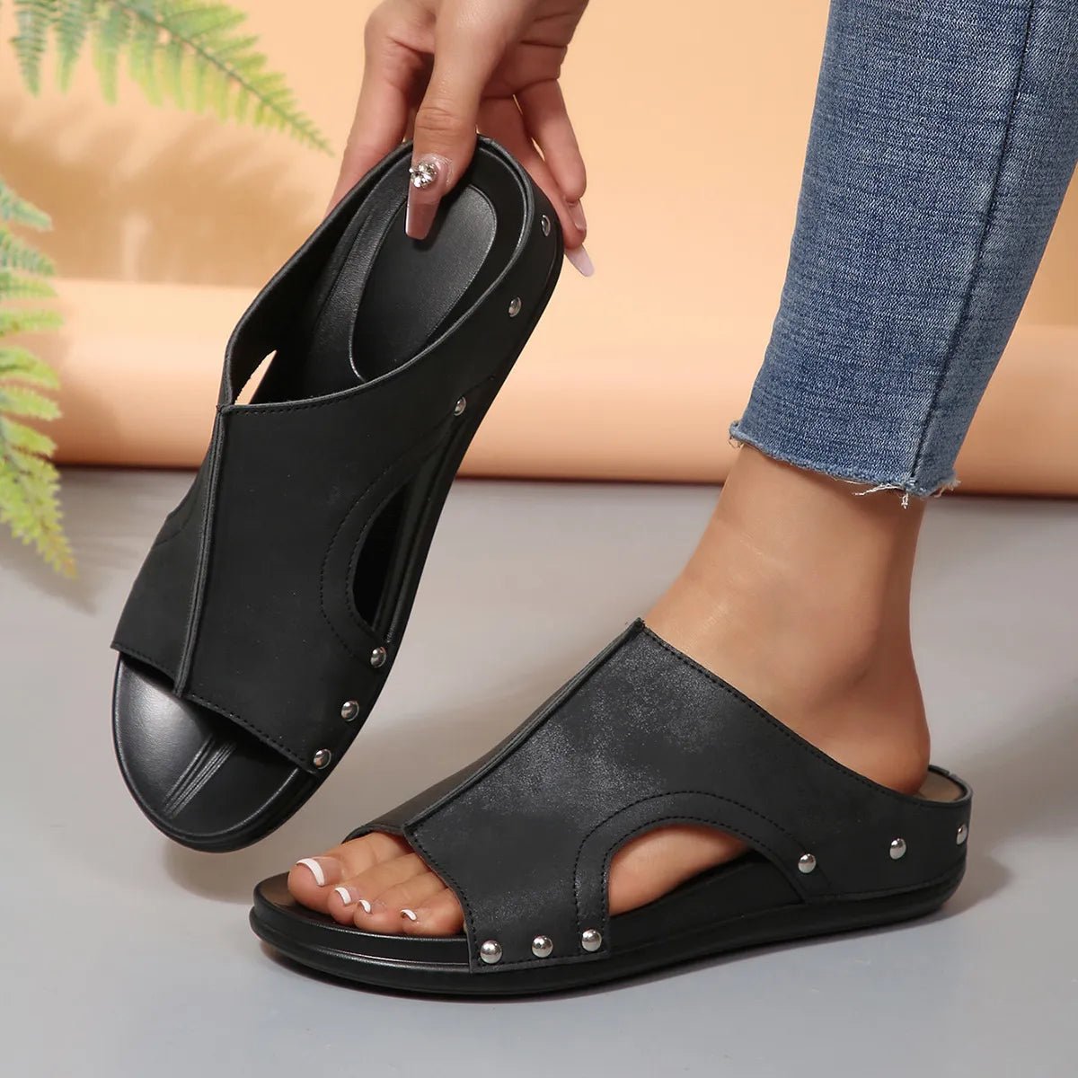 Women's faux leather open toe wedge sandals by Plush Fashion Hub, featuring a stylish design and comfortable platform sole.