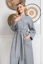 Women's lightweight waffle robe by Lotus Linen, made of organic cotton, quick-dry spa comfort robe with a soft, textured weave.