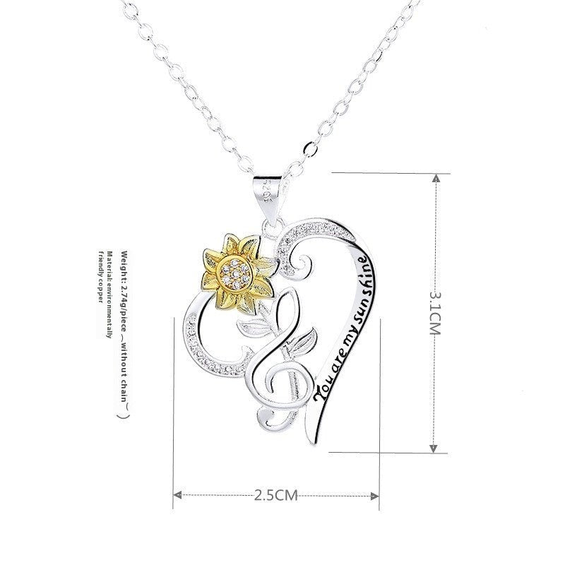 Pastoral-style two-color sunflower pendant necklace with heart charm, trendy clavicle chain, designed by LadyShow.Store.