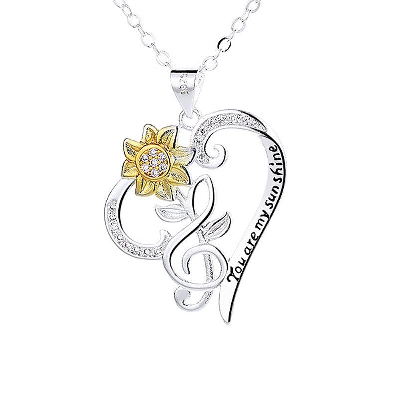 Pastoral-style two-color sunflower pendant necklace with heart-shaped chain, featuring a trendy heart and sunflower design.