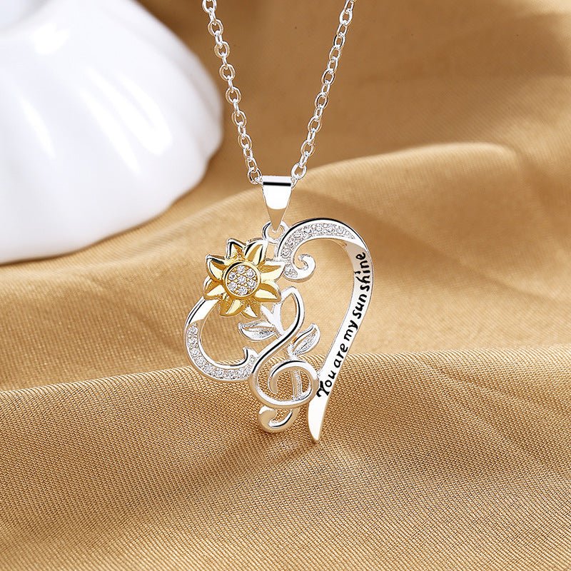 Pastoral-style two-tone sunflower pendant necklace with heart-shaped chain by LadyShow.Store, featuring a trendy heart clasp and floral design.