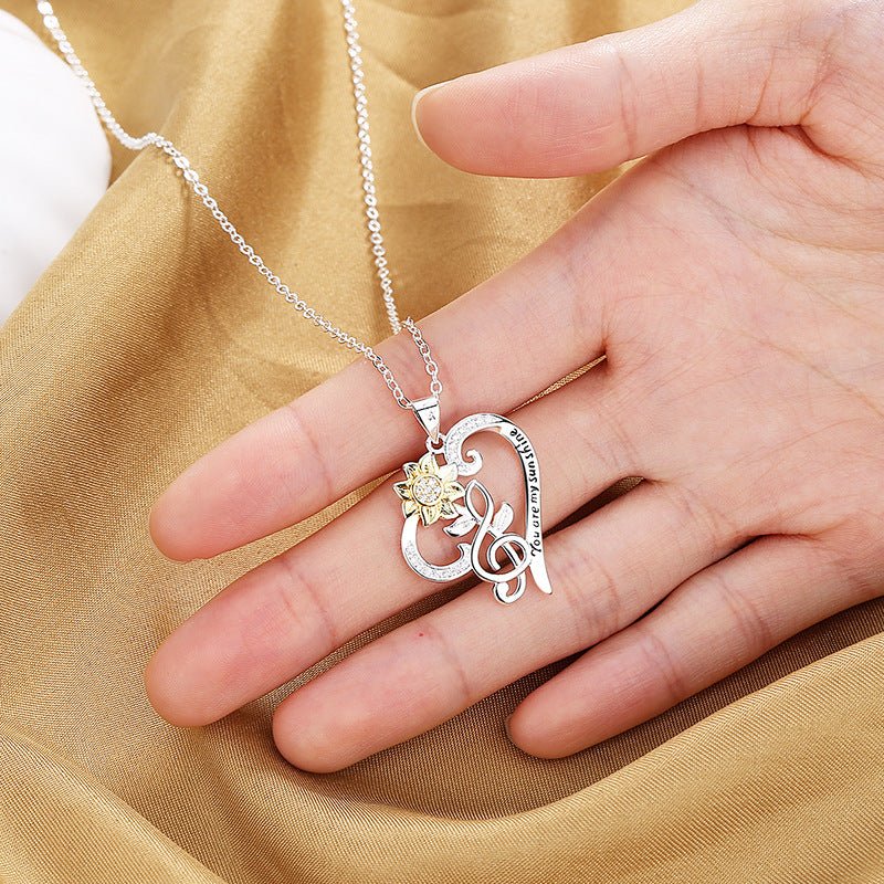Pastoral-style two-color sunflower pendant necklace with heart charm, trendy clavicle chain, crafted by LadyShow.Store.