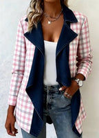 Long-sleeved women's mid-length denim coat with patchwork collar by FitiqueFit, featuring a stylish and casual design.