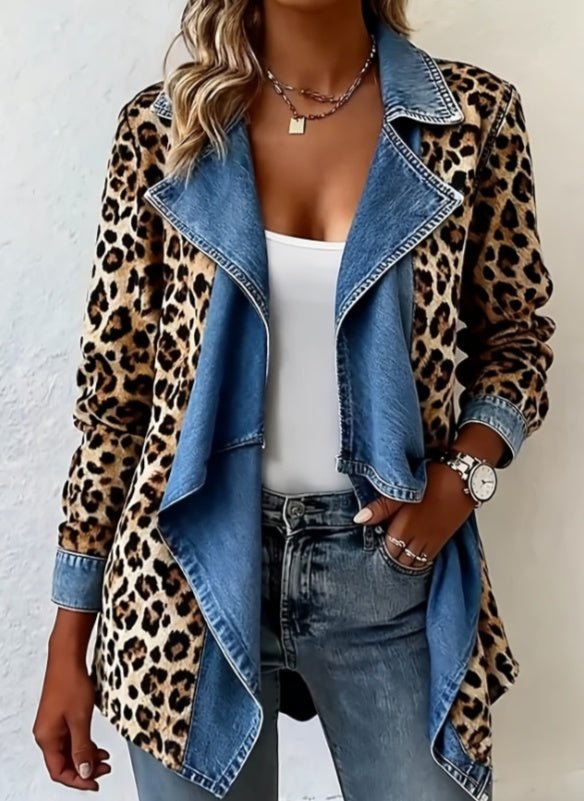 Long-sleeved women's denim coat with patchwork collar, mid-length fit, by FitiqueFit, featuring a stylish and casual design.