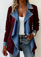 Long-sleeved women's mid-length denim coat with patchwork collar by FitiqueFit, featuring a stylish and casual design.