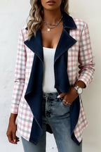 Long-sleeved women's mid-length denim coat with patchwork collar by FitiqueFit, featuring a stylish, casual design.