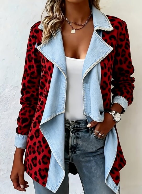 Long-sleeved women's mid-length denim coat with patchwork collar by FitiqueFit, featuring a stylish and casual design.